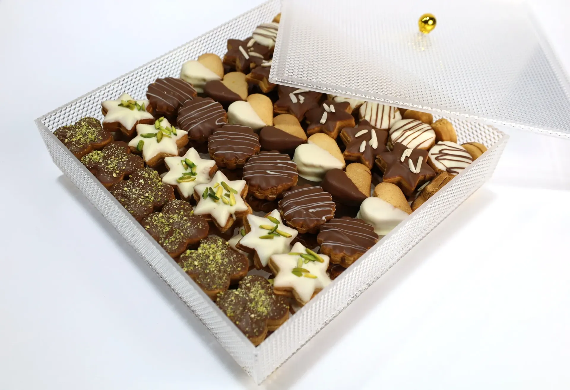 صندوق بسكويت مشكل ضيافة أكريليك فاخرة 1.4 كيلو